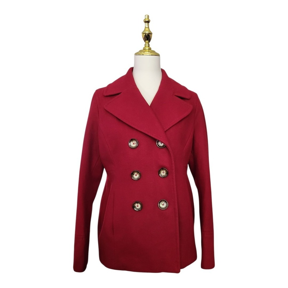 Michael Kors Red Wool Blend Double Breasted Pea Coat, Size Medium